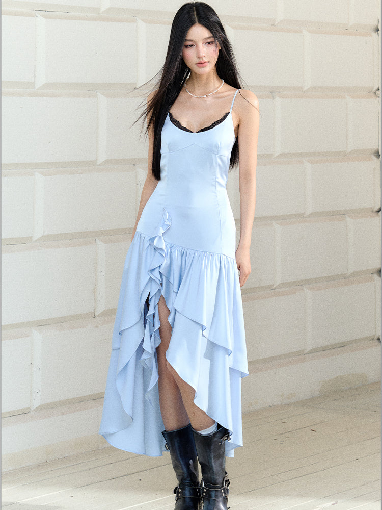 Blue Satin Lace Trim Dress