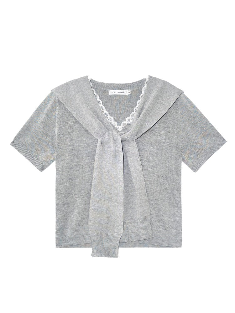 Lace Spliced V-Neck Knitted T-Shirt