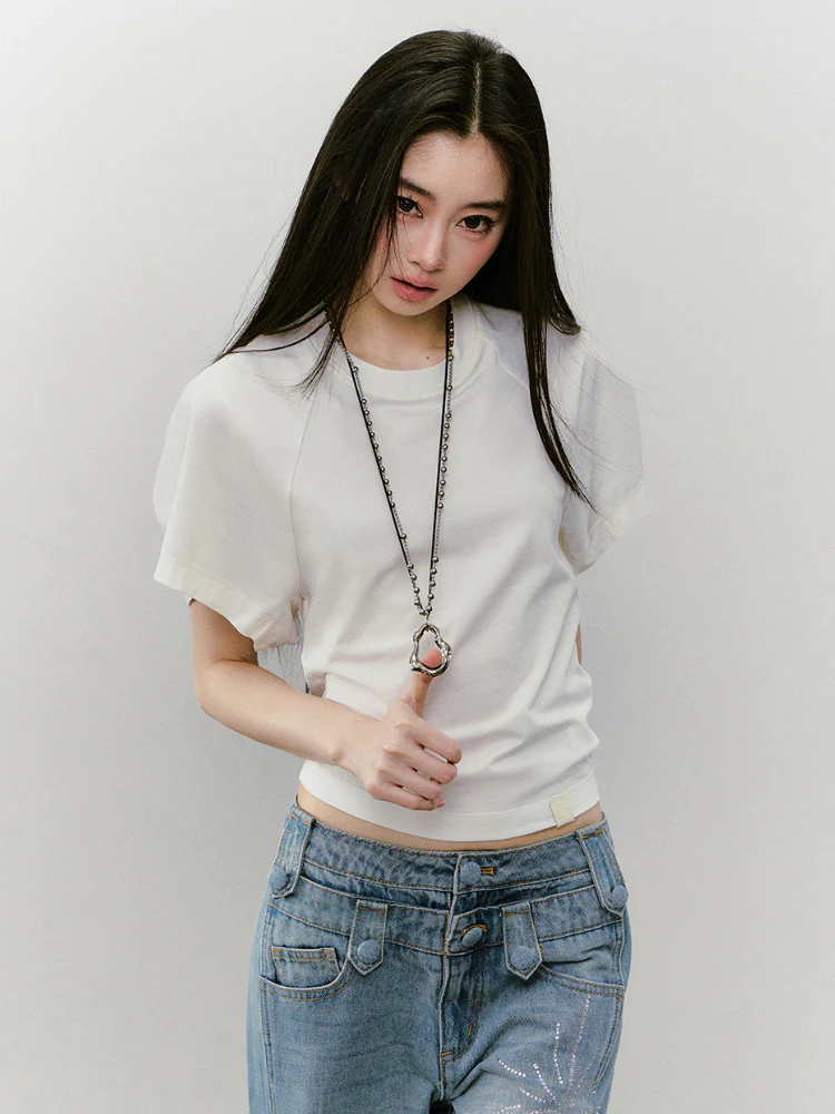 Large-sleeve Waist-fitted Crew Neck T-shirt