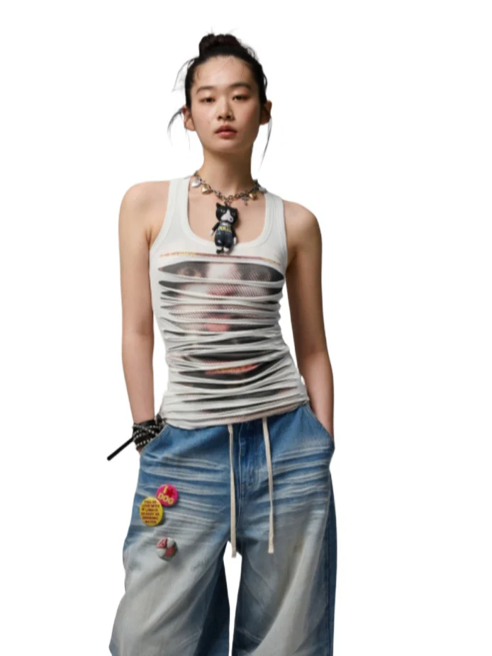Irregular Hole-Ripped Double-Layer Halter Neck Tank Top