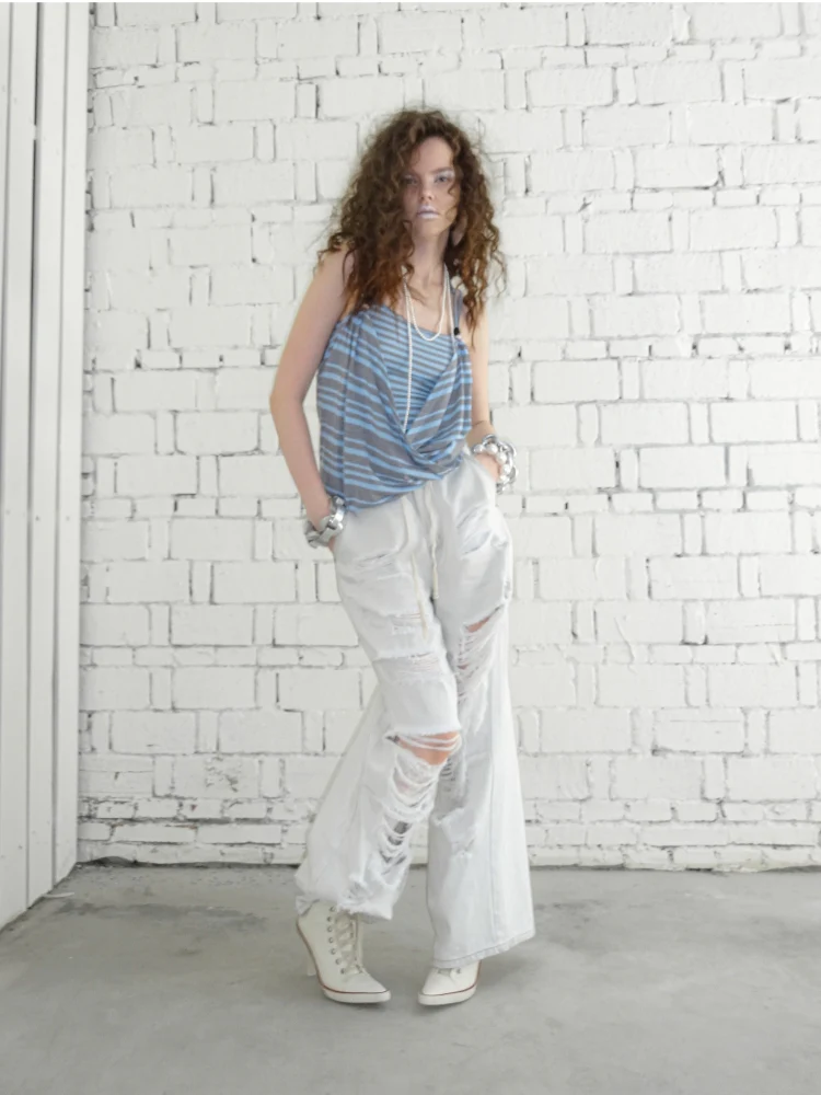 Blue-Gray Striped Two-Way Beaded Swing Collar Tank Top