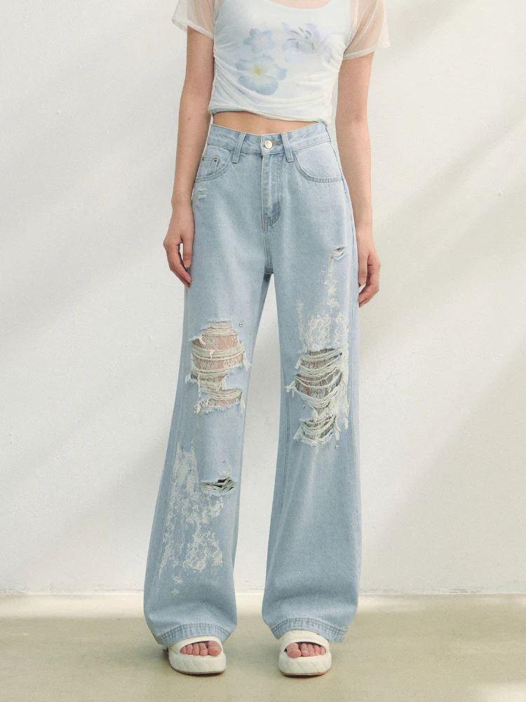 Lace-Trimmed Printed Rhinestone-Embellished Jeans