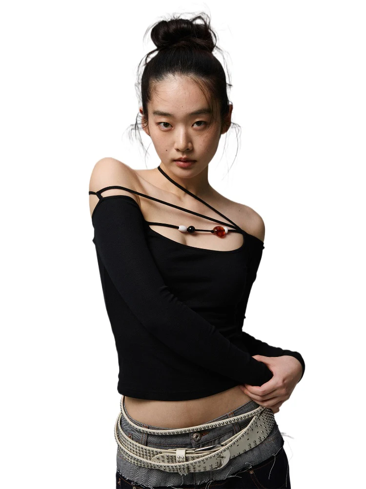 One-Shoulder Beaded Strappy Solid Color T-Shirt