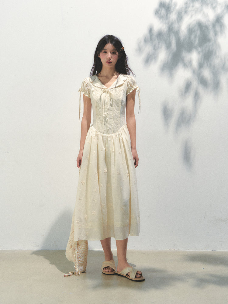 Embroidered Shirt-Collar Tea-Break Dress