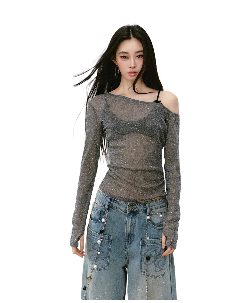 Hot-fix Rhinestone Asymmetric Shoulder Fitted T-shirt