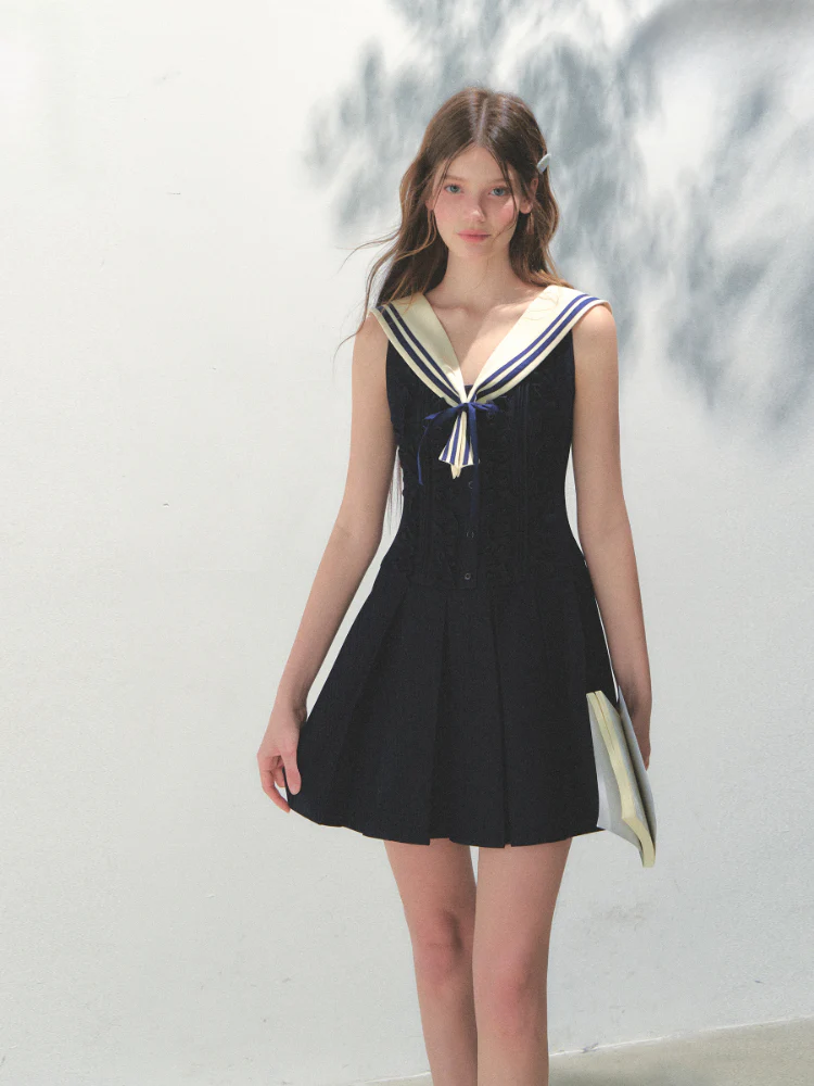 Detachable Sailor-collar Pleated Dress