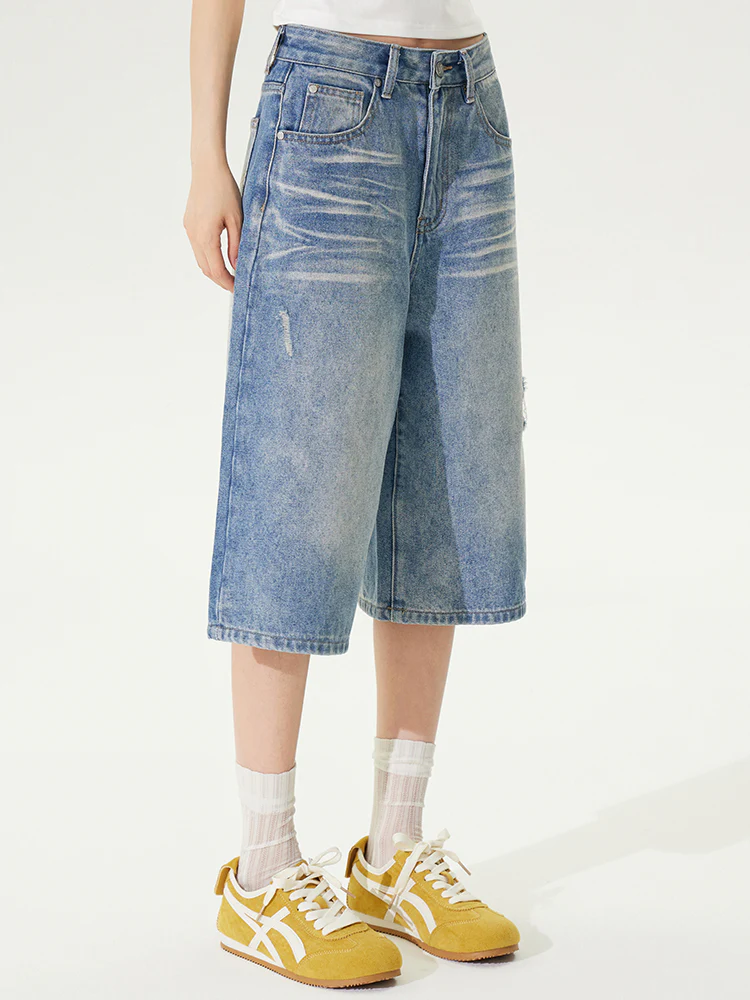 Distressed 7-inch Denim Straight Pants