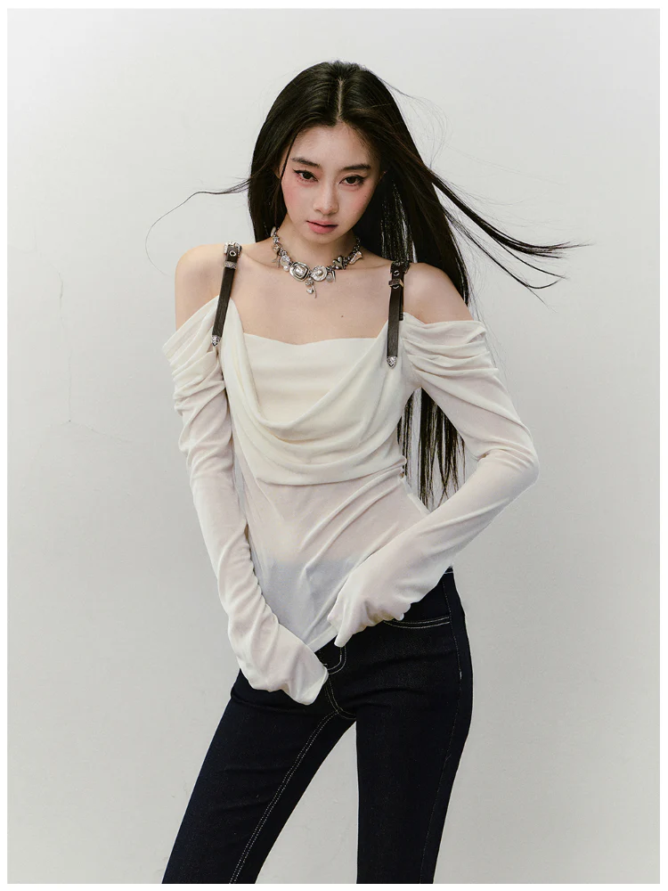 Draped Neck Leather Strap Acetate One-shoulder T-shirt