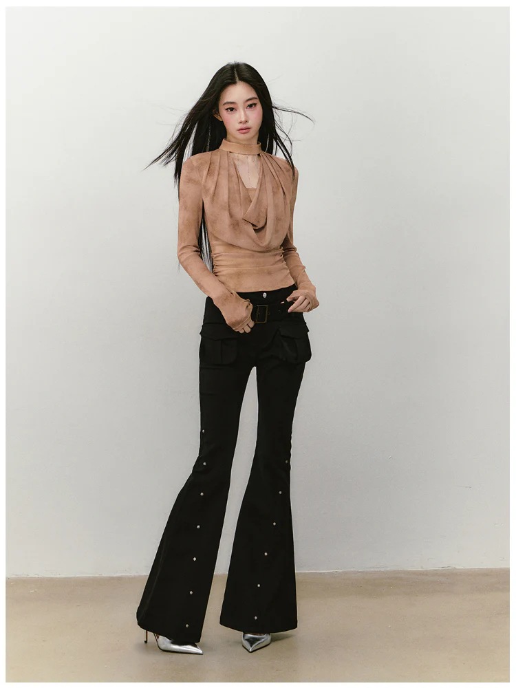 Chain Halter Draped Neck Fitted T-shirt