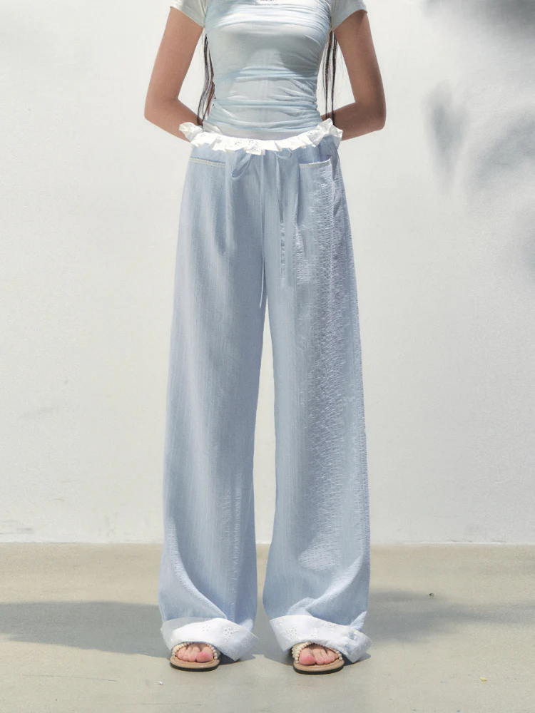 Vertical Striped Drawstring Waist Pink - Blue Pants