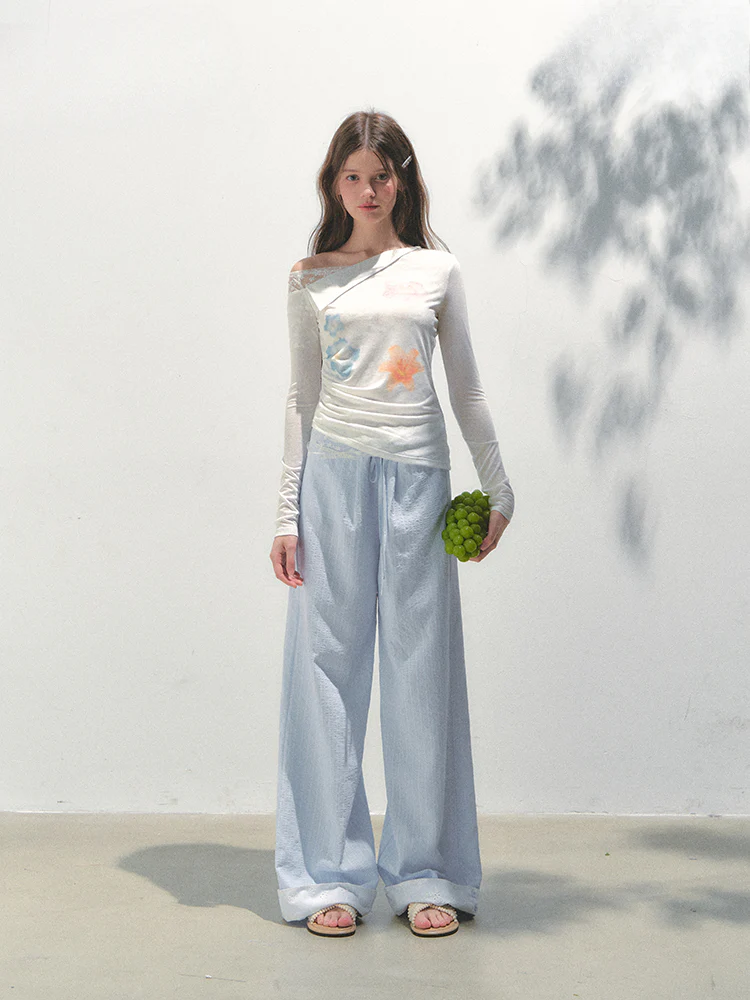 Vertical Striped Drawstring Waist Pink - Blue Pants