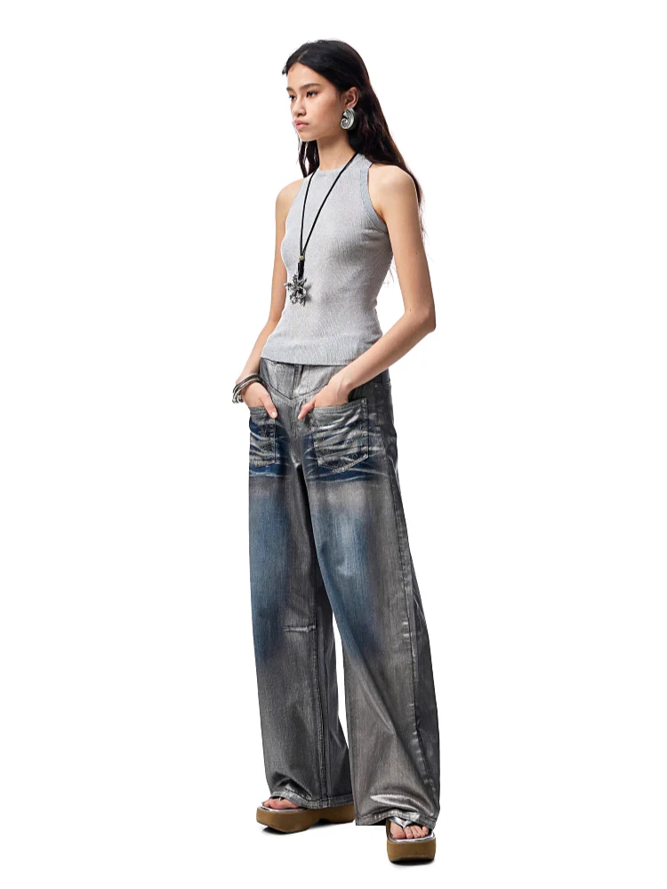 Silver-Foil Embroidered Straight-Leg Denim Curved Pants