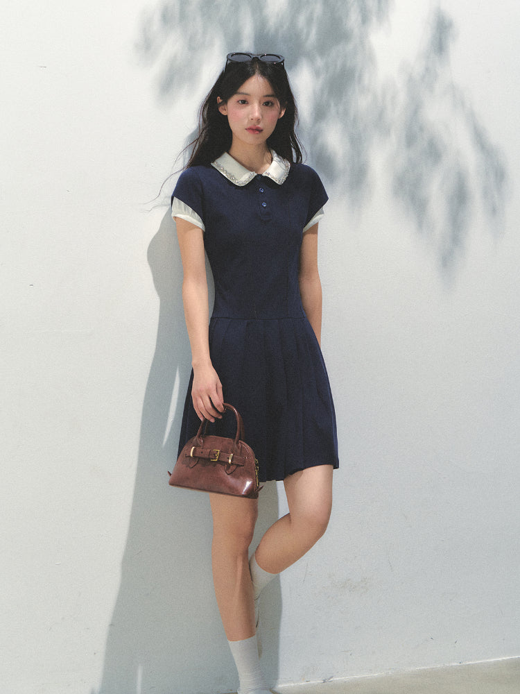 Polo Collar Rhinestone Pleated Dress