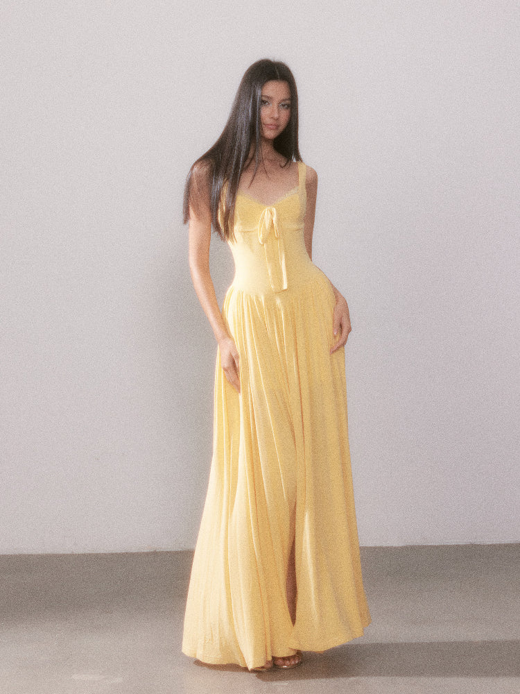 Lace Knit Spaghetti Strap Slit Long Dress