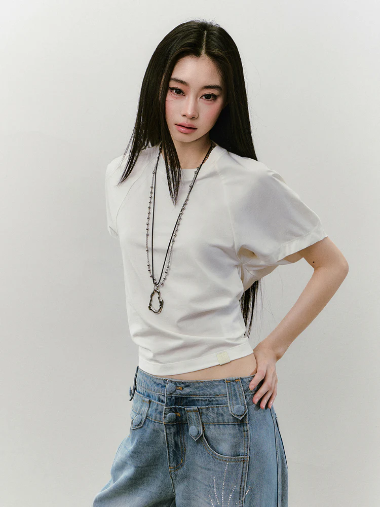 Large-sleeve Waist-fitted Crew Neck T-shirt