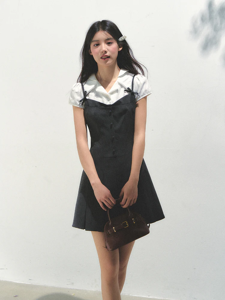 Academy Style Fake Two-piece Pleated Dress