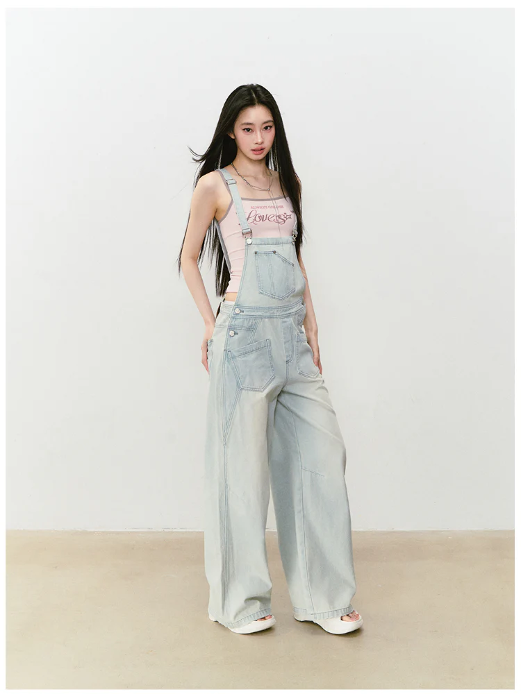 Washed Light Blue Denim Overalls