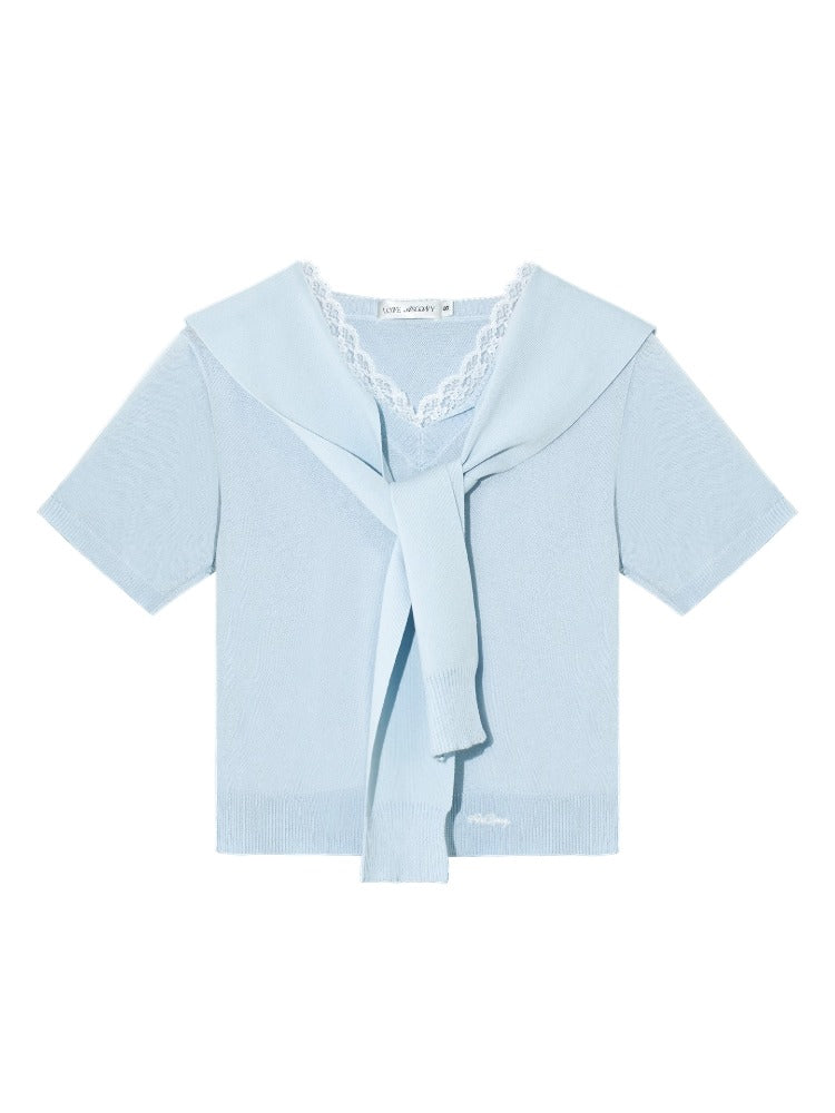 Lace Spliced V-Neck Knitted T-Shirt