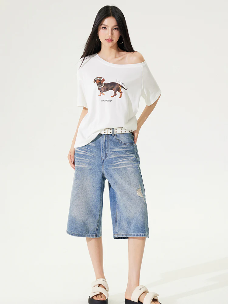 Distressed 7-inch Denim Straight Pants