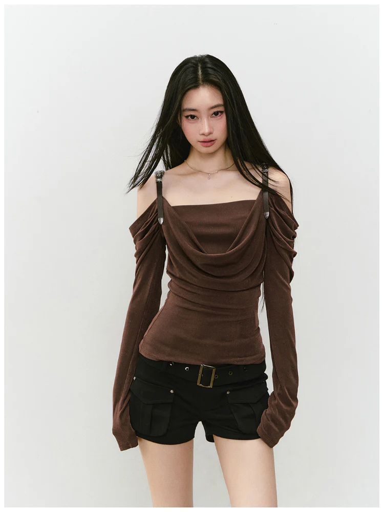 Draped Neck Leather Strap Acetate One-shoulder T-shirt