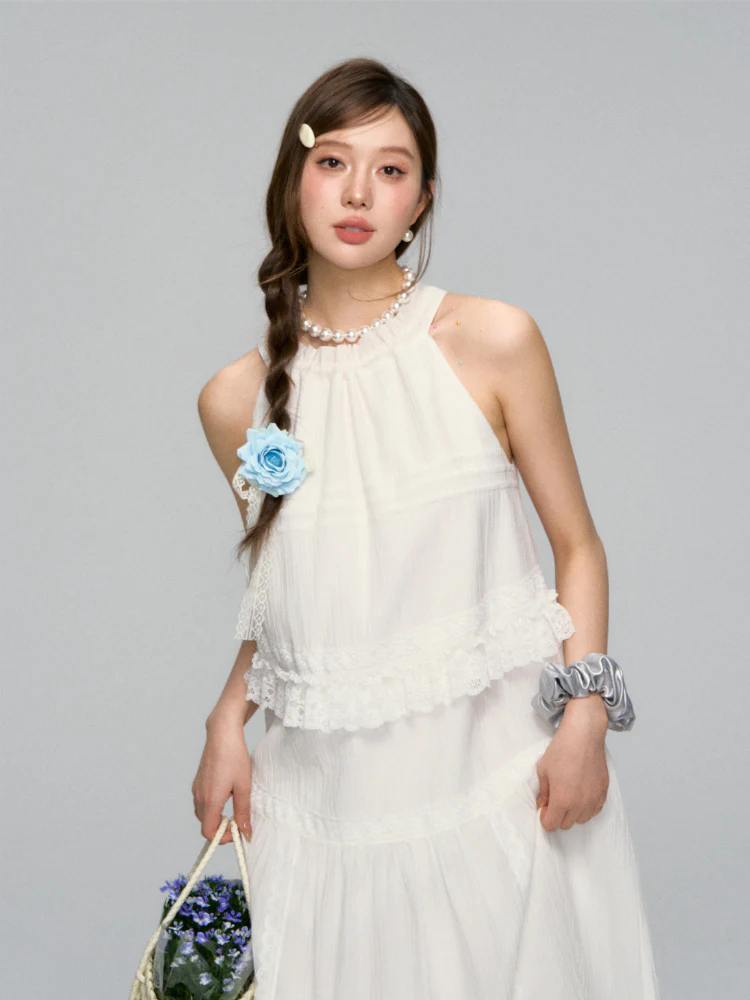 Halter Off-shoulder Lace-trimmed Dress