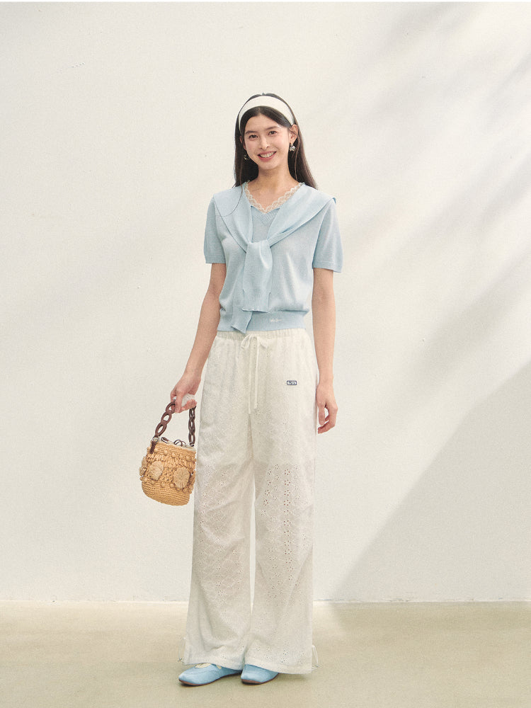 Lace Spliced V-Neck Knitted T-Shirt