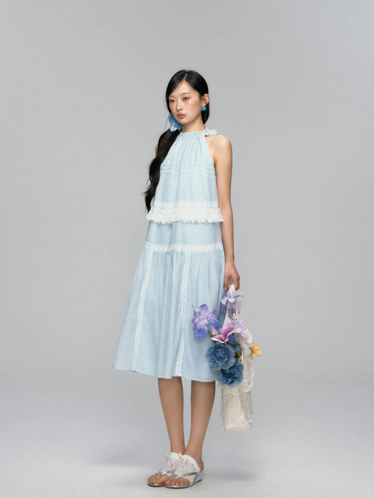 Halter Off-shoulder Lace-trimmed Dress