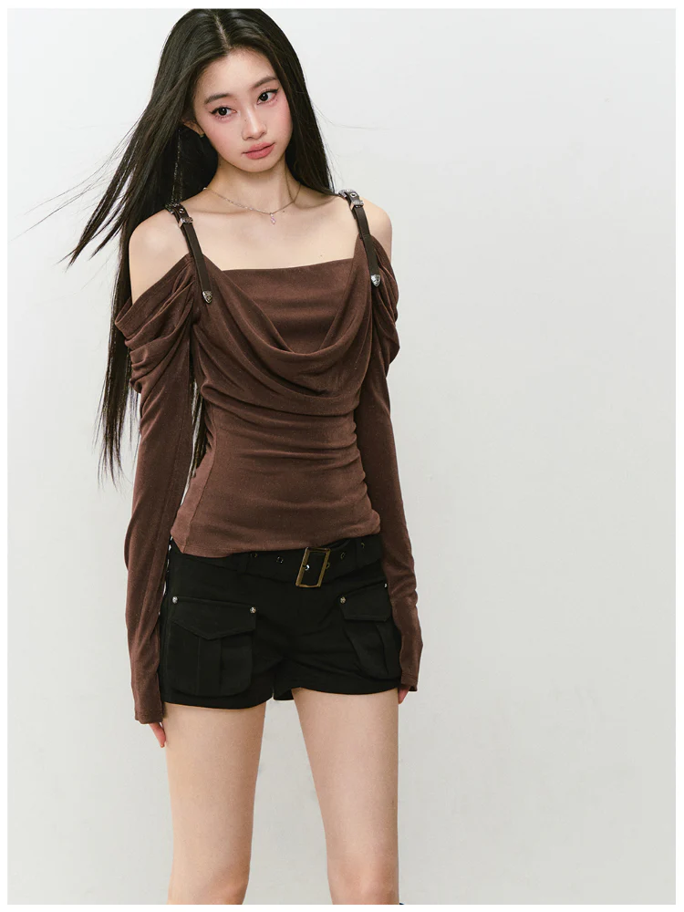 Draped Neck Leather Strap Acetate One-shoulder T-shirt