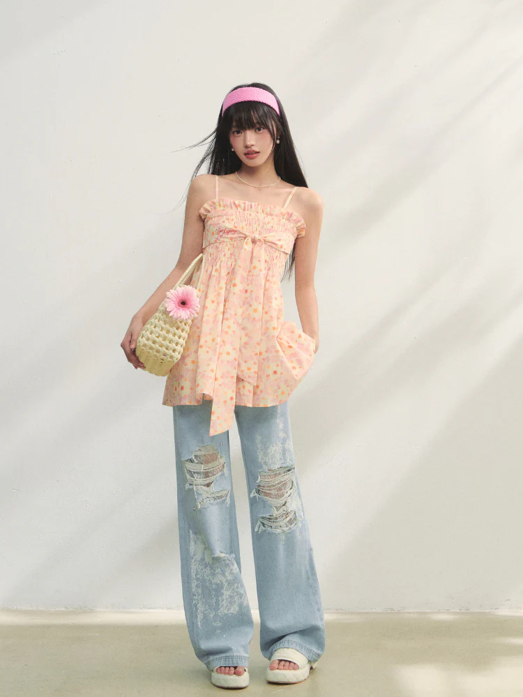 Lace-Trimmed Printed Rhinestone-Embellished Jeans