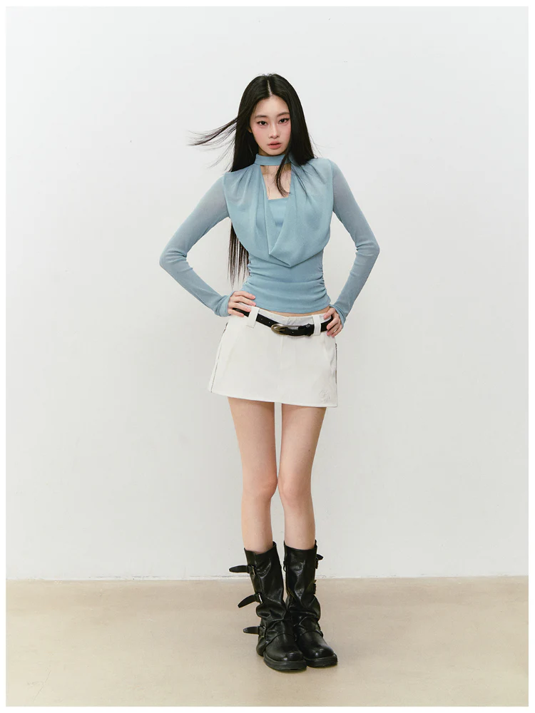 Chain Halter Draped Neck Fitted T-shirt