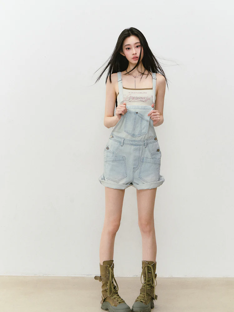 Light Blue Denim Loose Overalls Shorts