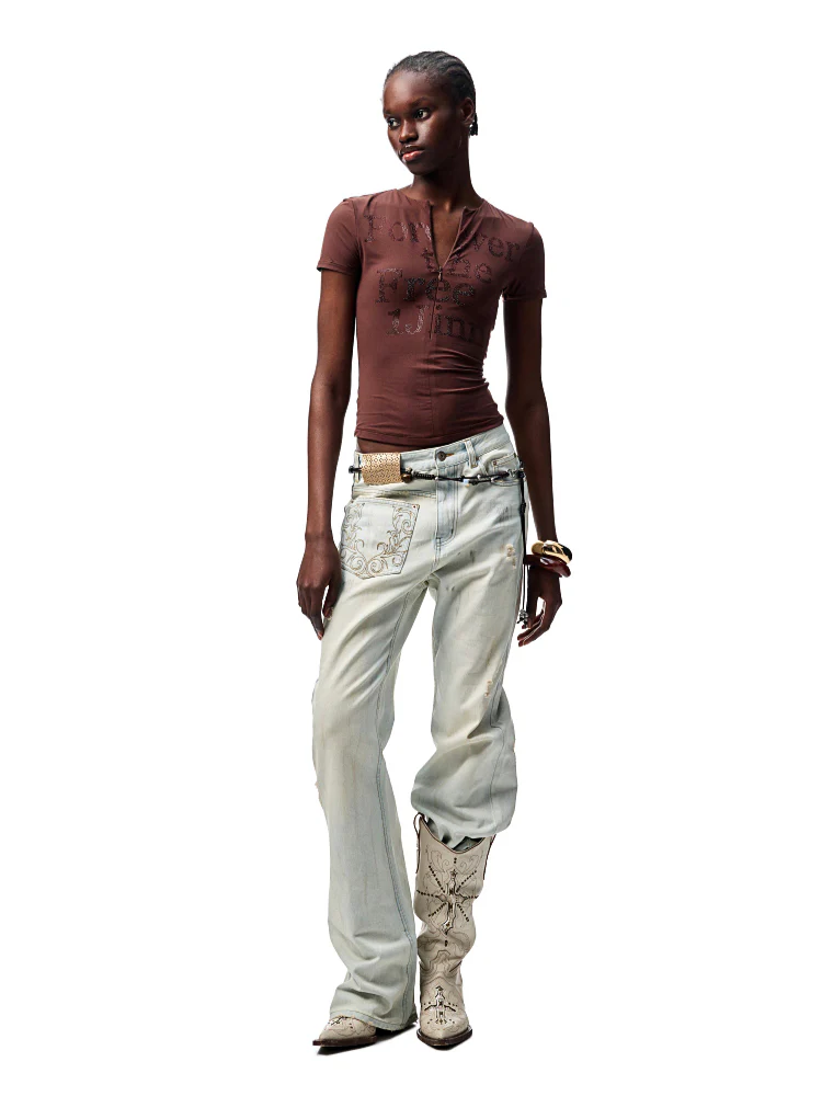 Light Blue Mud - Dyed Floral Embroidered Jeans