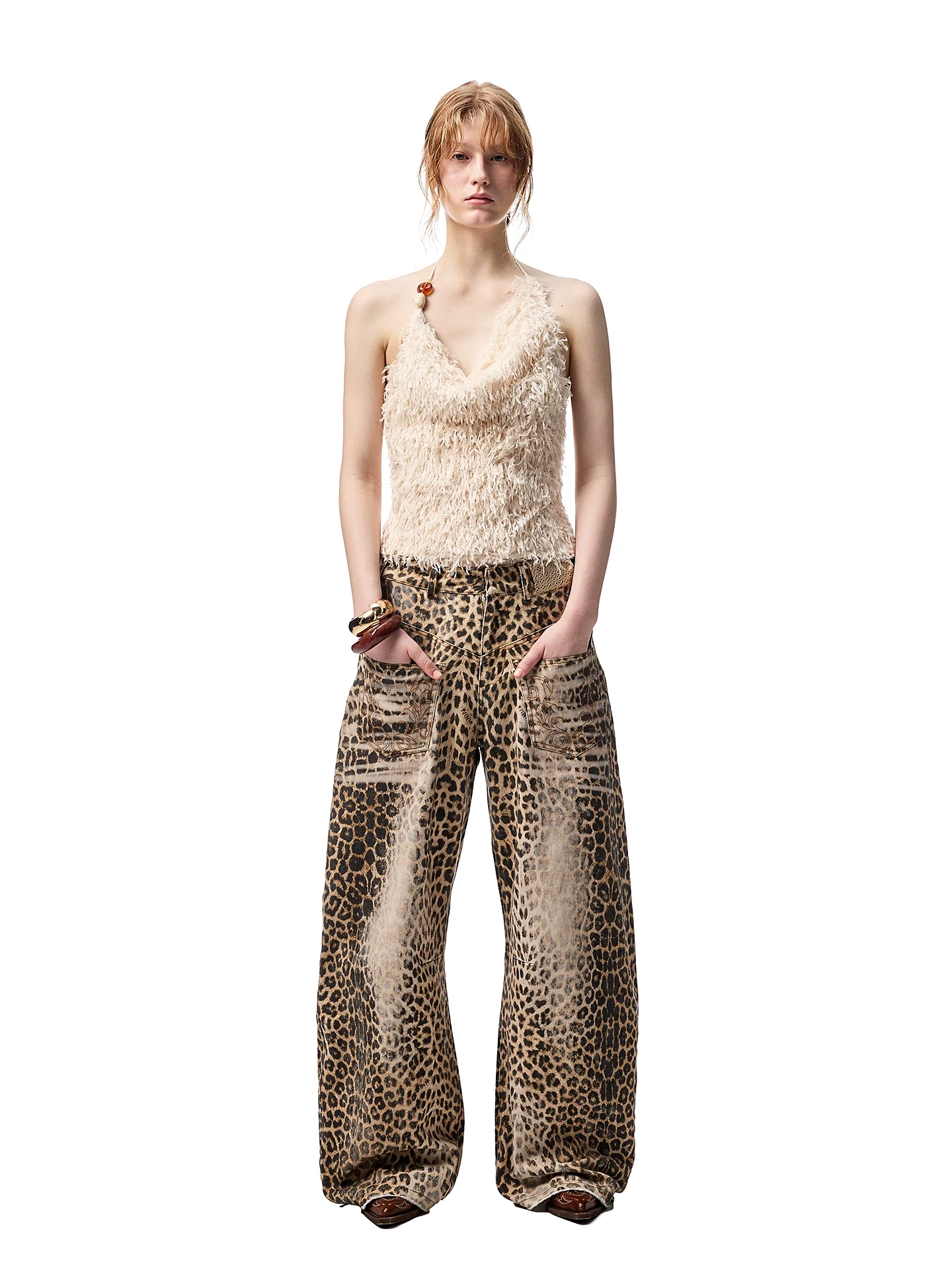 Washed Leopard Print Canvas Curved Pants
