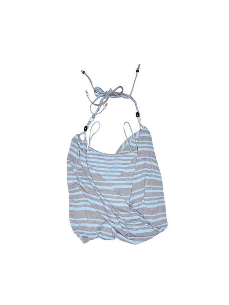 Blue-Gray Striped Two-Way Beaded Swing Collar Tank Top