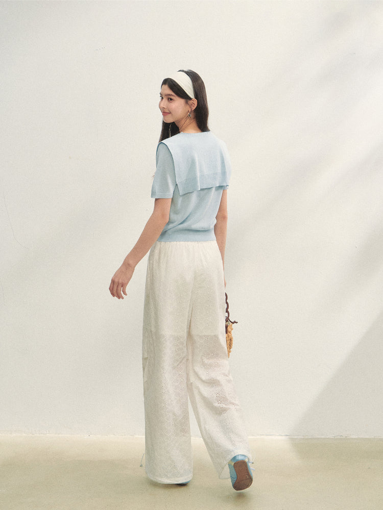 Lace Spliced V-Neck Knitted T-Shirt