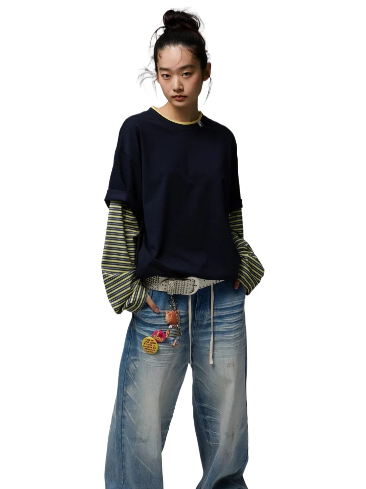 Fake Two-Piece Contrast Color Loose Striped T-Shirt