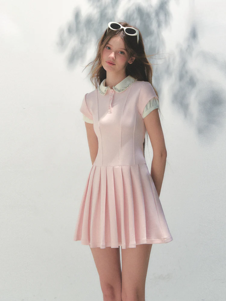 Polo Collar Rhinestone Pleated Dress