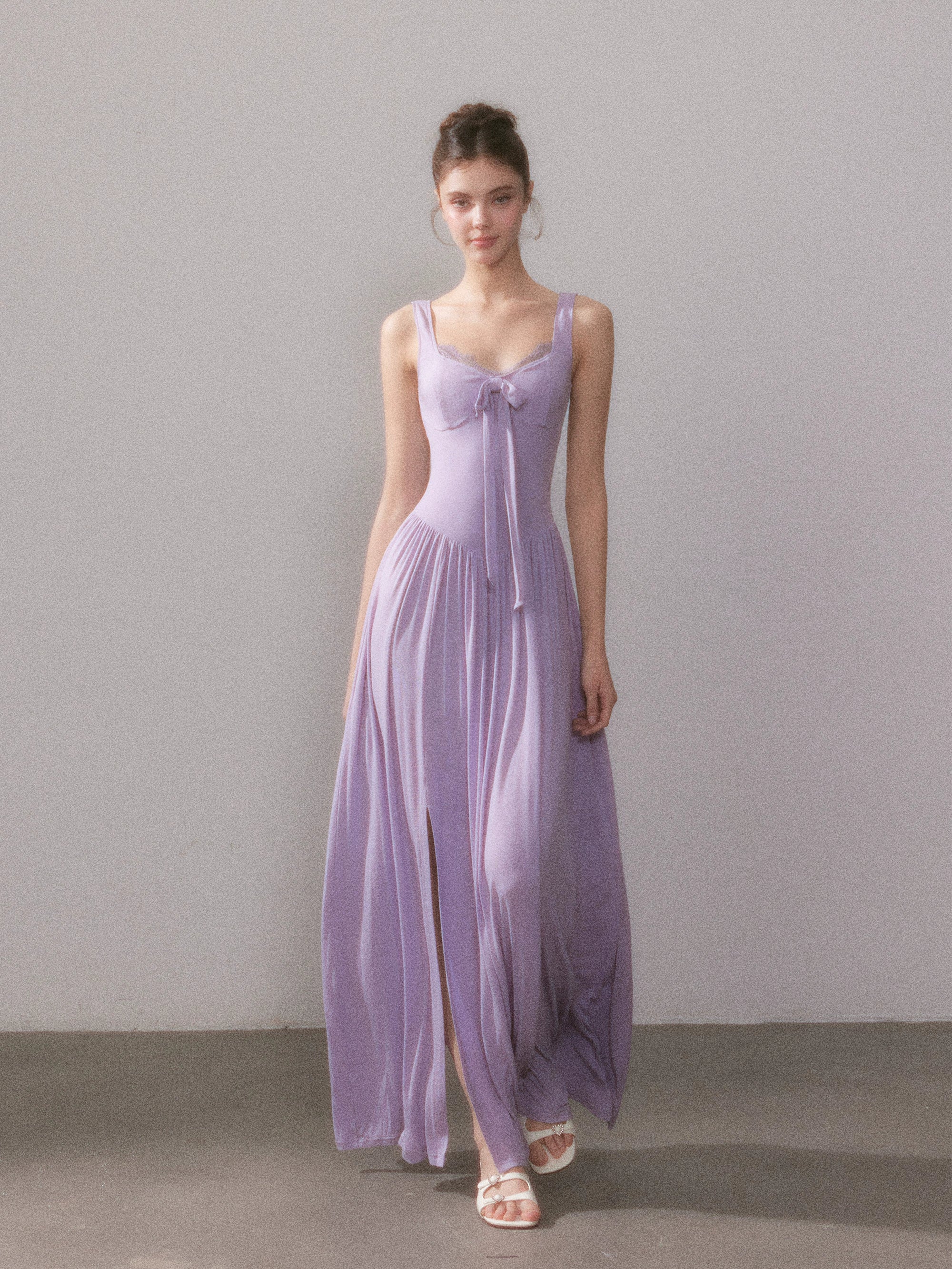 Lace Knit Spaghetti Strap Slit Long Dress