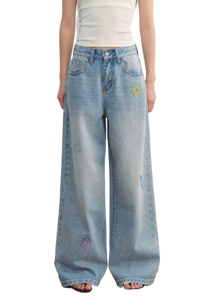 Embroidered Denim Wide-Leg Pants