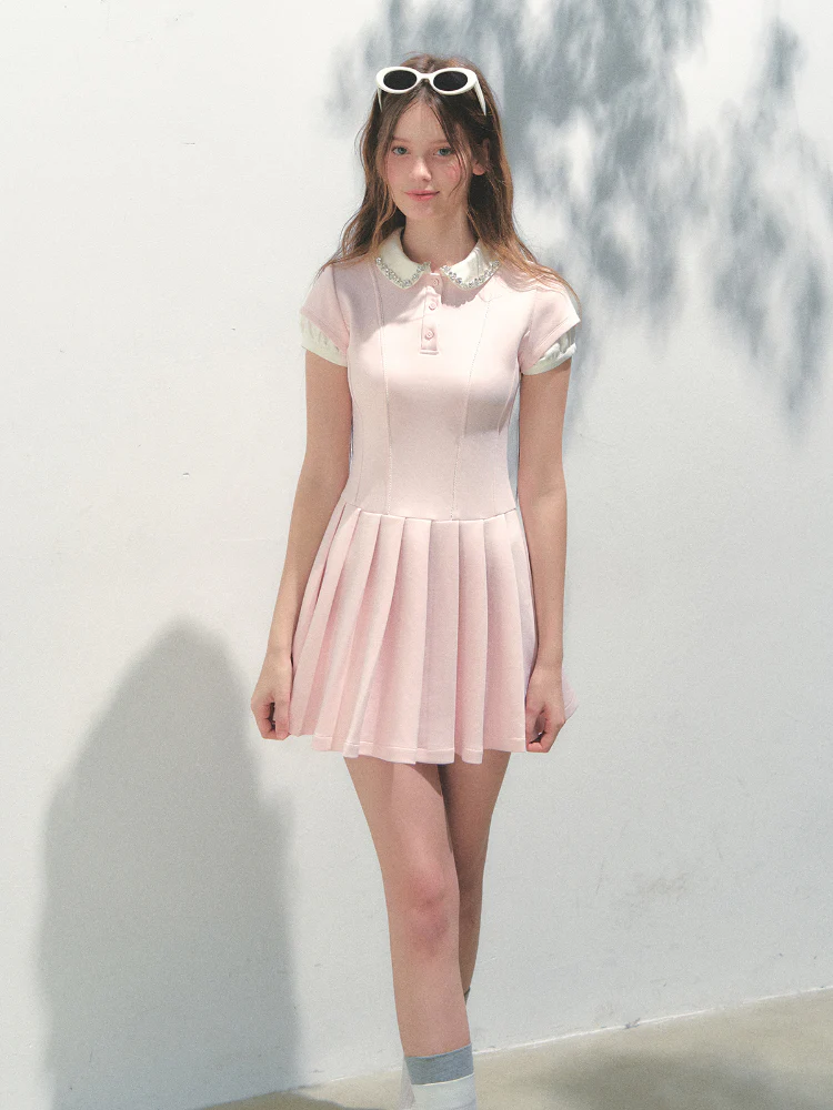 Polo Collar Rhinestone Pleated Dress