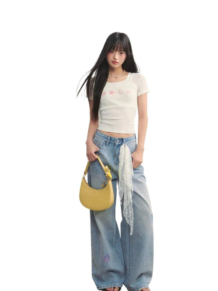 Embroidered Denim Wide-Leg Pants