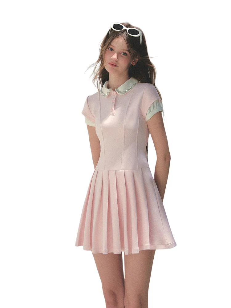 Polo Collar Rhinestone Pleated Dress