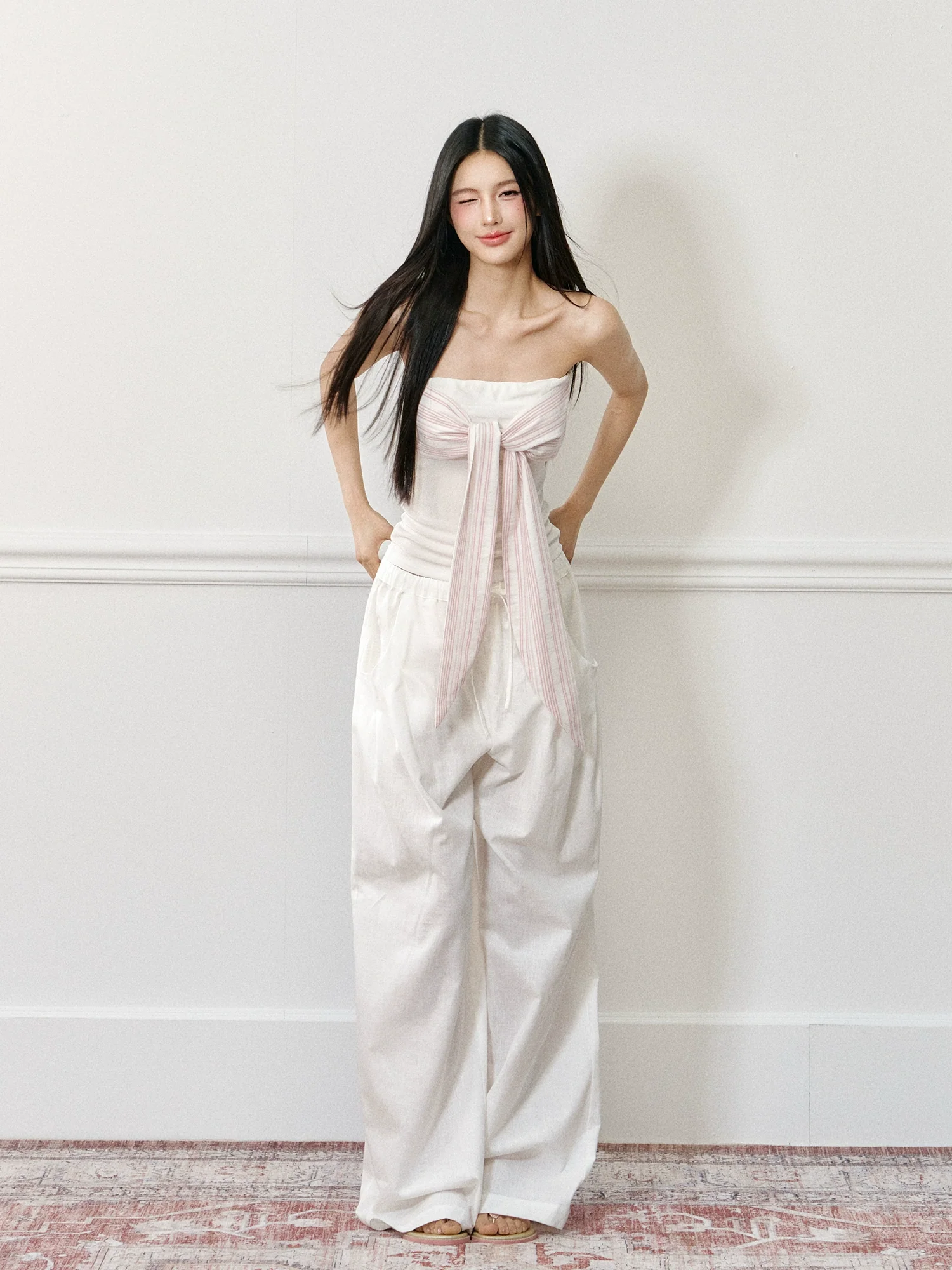 Linen Elastic Drawstring Wide-Leg Pants