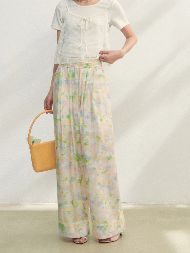 Lace-Trimmed Waist-Tie Wide-Leg Pants