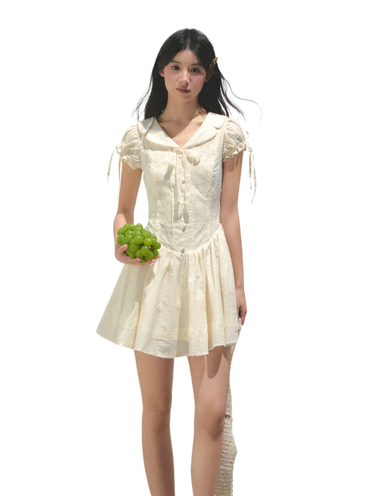 Embroidered Shirt-Collar Tea-Break Dress