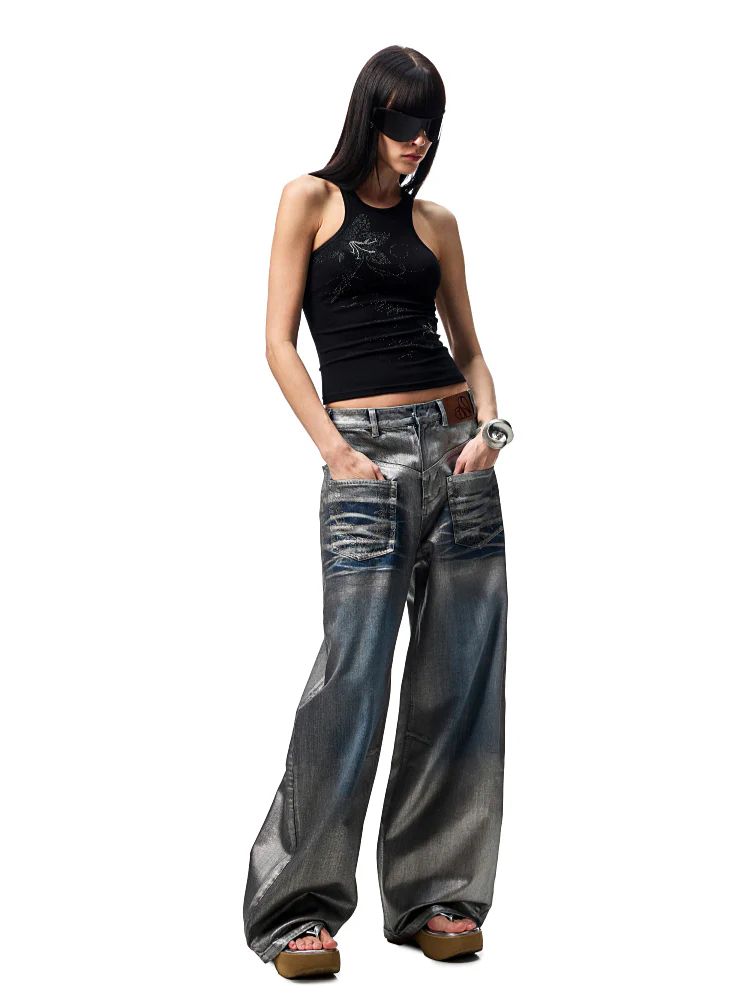 Silver-Foil Embroidered Straight-Leg Denim Curved Pants