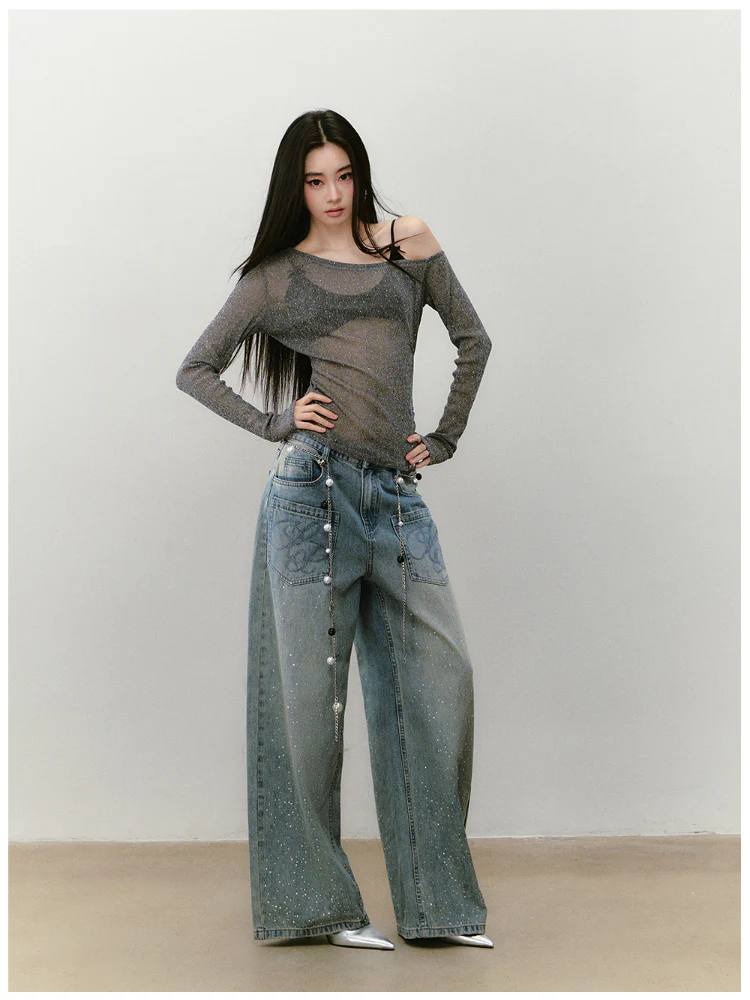 Hot-fix Rhinestone Asymmetric Shoulder Fitted T-shirt