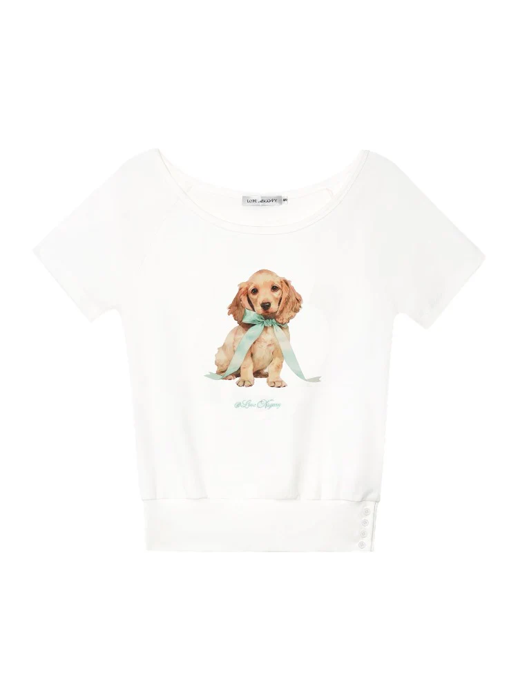 Asymmetric Shoulder Bow Puppy Printed T-Shirt