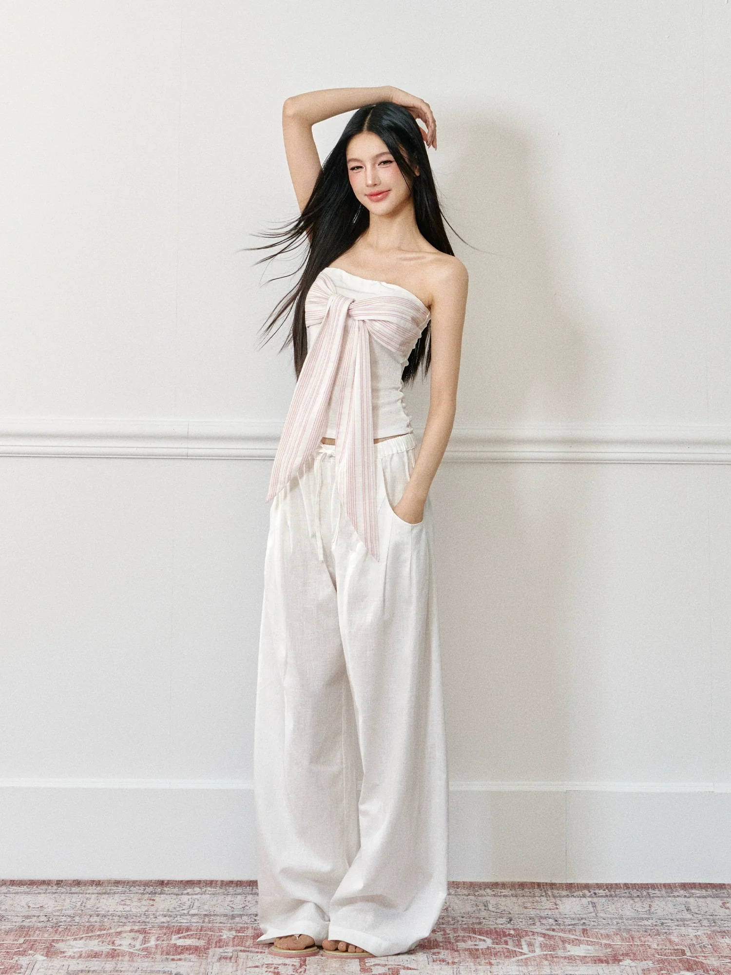 Linen Elastic Drawstring Wide-Leg Pants