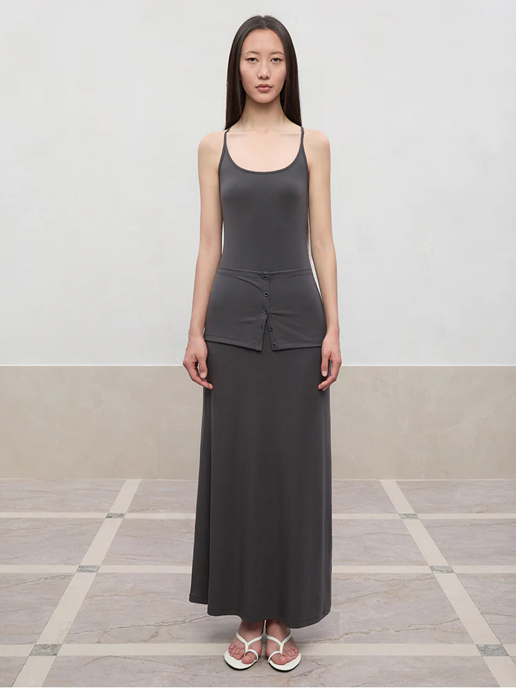 Deep U-Neck Button-Strapped Dress